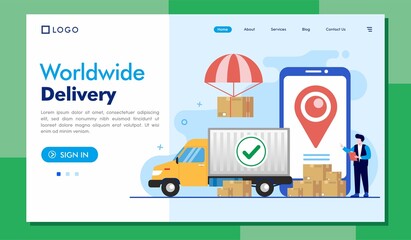 worldwide delivery services concept, online delivery application, shipping, flat illustration vector banner