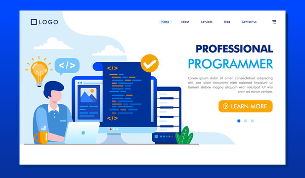 professional programmer illustration, coder, developer technology, software development, flat illustration vector banner