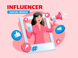Woman become a influencer follow social media with megaphone