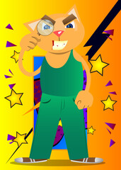 Funny cartoon cat holding a magnifying glass. Vector illustration. Cute orange, yellow haired young kitten.
