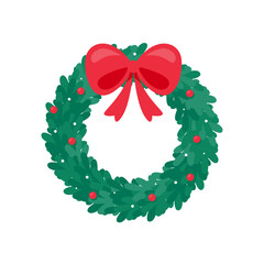 Christmas wreath vector. Winter garland adorned with red holly berries on green pine branches. © anuwat