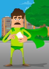Funny cartoon man dressed as a superhero using a mobile phone. Vector illustration.