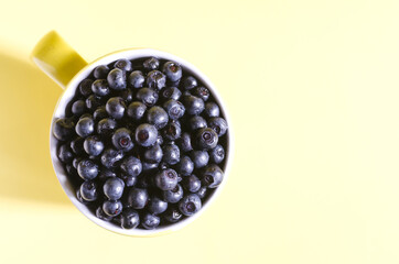 Blueberries in a yellow circle on a yellow background top view. Dark berries in a circle on a colored background