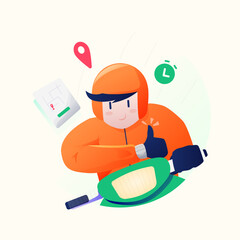 Delivery man delivering an order, a man riding a motorcycle with thumbs up, and his navigation show the location. vector flat illustration