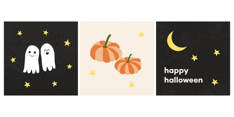 Set of halloween cards. Cute ghost, pumpkins, moon, stars