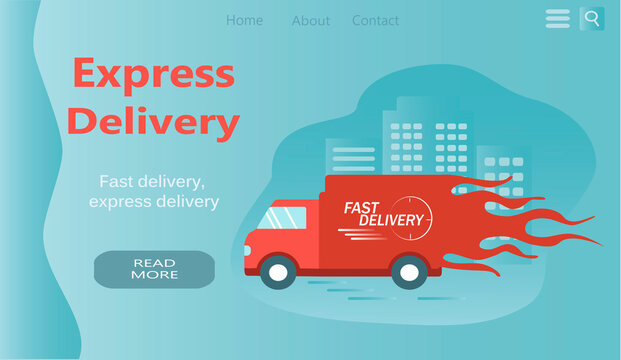vector illustration on the theme of fast delivery, online express delivery. banner for website. the truck rushes through the city from one point to another. trendy illustration in flat style