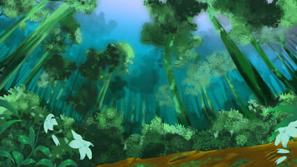 anime green tree  forest with white flowers lily landscape background handrawn