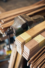 Handyman's miscellaneous wood and tools for fixing furniture and various things.