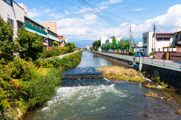 Townscape of Isawa onsen in summer.