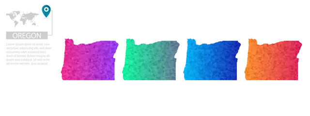 Set of vector polygonal Oregon maps. Bright gradient map of country in low poly style. Multicolored country map in geometric style for your