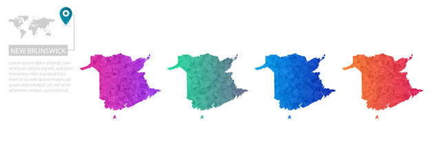 Set of vector polygonal New Brunswick maps. Bright gradient map of country in low poly style. Multicolored country map in geometric style for your
