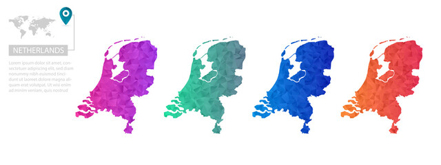 Set of vector polygonal Netherlands maps. Bright gradient map of country in low poly style. Multicolored country map in geometric style for your