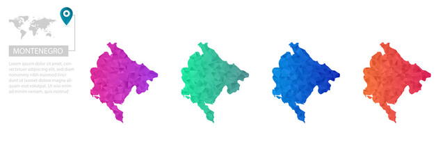 Set of vector polygonal Montenegro maps. Bright gradient map of country in low poly style. Multicolored country map in geometric style for your