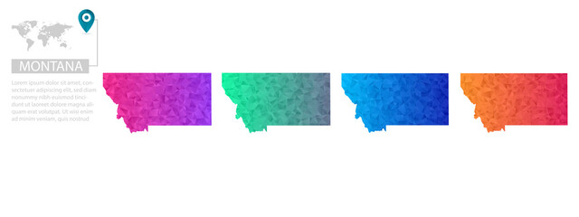Set of vector polygonal Montana maps. Bright gradient map of country in low poly style. Multicolored country map in geometric style for your