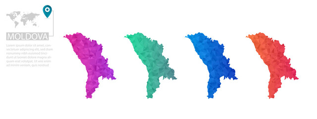 Fototapeta na wymiar Set of vector polygonal Moldova maps. Bright gradient map of country in low poly style. Multicolored country map in geometric style for your