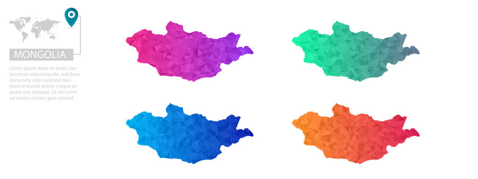 Set of vector polygonal Mongolia maps. Bright gradient map of country in low poly style. Multicolored country map in geometric style for your