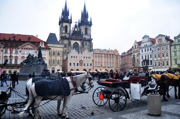 Naklejka na ściany i meble Czechia wait and ride classic antiques vintage retro horse drawn carriages for Czech people and foreign travelers use service visit tour Praha Old Town on December 11, 2016 in Prague, Czech Republic