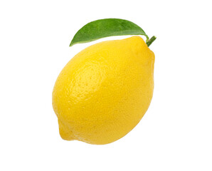 Ripe lemon with leaves isolated on white background.