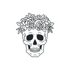 Human skull with floral wreath of wildflowers, leaves, roses and peonies.