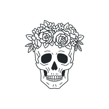 Human skull with floral wreath of wildflowers, leaves, roses and peonies.