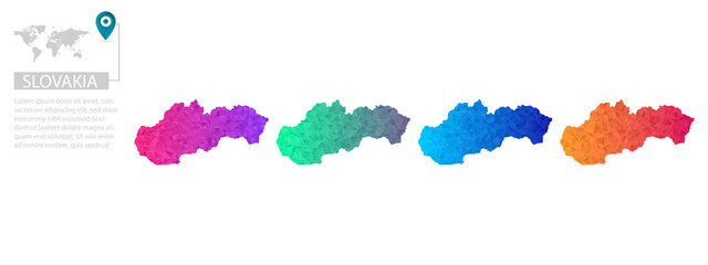 Set of vector polygonal Slovakia maps. Bright gradient map of country in low poly style. Multicolored country map in geometric style for your