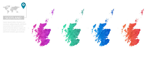 Set of vector polygonal Scotland maps. Bright gradient map of country in low poly style. Multicolored country map in geometric style for your