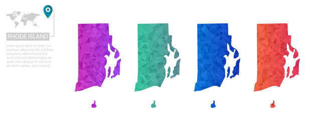 Set of vector polygonal Rhode Island maps. Bright gradient map of country in low poly style. Multicolored country map in geometric style for your