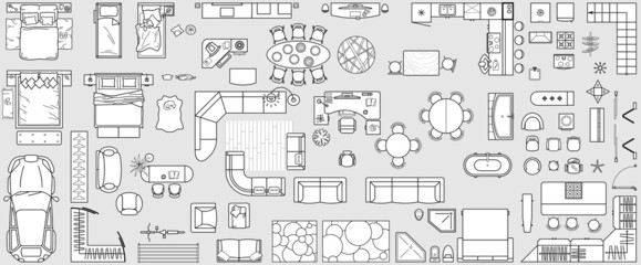 Set top view for interior icon design. Floor plan.
Architecture plan with furniture in top view. The layout of the apartment, technical drawing  kitchen, living room and bedroom. Vector Illustration. - 457635117