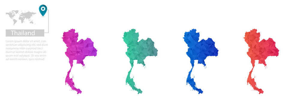 Set of vector polygonal Thailand maps. Bright gradient map of country in low poly style. Multicolored country map in geometric style for your