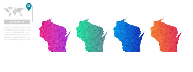 Set of vector polygonal Wisconsin maps. Bright gradient map of country in low poly style. Multicolored country map in geometric style for your