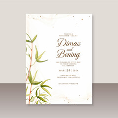 Wedding card template with leaves watercolor painting