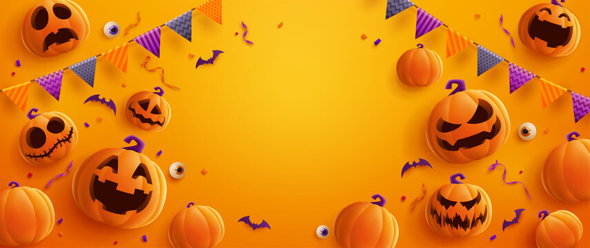 Halloween Party. Group of 3D illustration Jack O Lantern pumpkin on treat or trick fun party celebration background design.