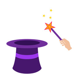 Magic hat and wand with stars. Vector illustration of magician hat and magic wander.