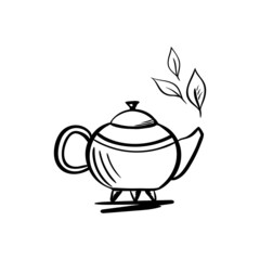 Teapot with tea leaves icon in sketch style. Tea ceremonies and packaging, website icon
