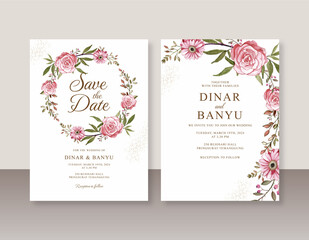 Minimalist wedding invitation template with hand painted floral watercolor