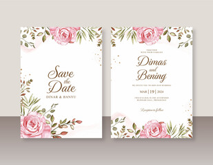 Wedding card invitation template with rose watercolor painting