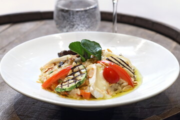 Brie cheese risotto with grilled vegetables