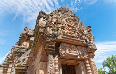 Close up view of the gate in Prasat Phanomrung, Bruriram, Thailand, which is an ancient Khmer-style temple complex built during the 10th -13th century, showing the pediment and lintel of Hindu Gods.