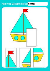 Find the missing piece and complete the picture. Puzzle kids activity. transport theme. Funny little Ship. Activity for pre school years kids. Educational and logical game for kids.  A4 paper