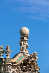 The mythological titan of Atlas on the top of Wall pavillon, 18th century baroque Zwinger Palace,...