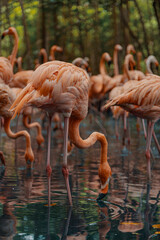 Flamenco rosa en manada sobre dos pata bebiendo agua