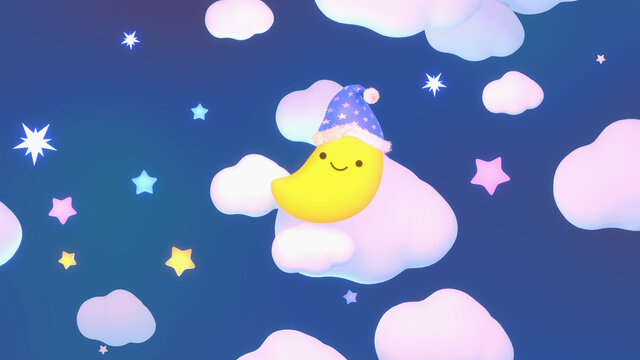 Cartoon smiling moon wearing a nightcap in the sky at night. Cute lullaby design. 3d rendered picture.