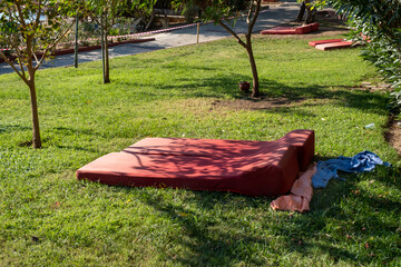 sunbeds on the grass floor at the beach background