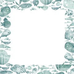 Watercolor grunge set of turquoise fish for pattern, card, poster, wrapping. Square frame with flat cartoon style illustrations of fishes with doodle isolated on white background