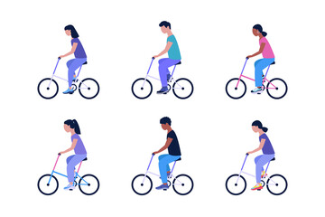 Set of woman and man on bicycles