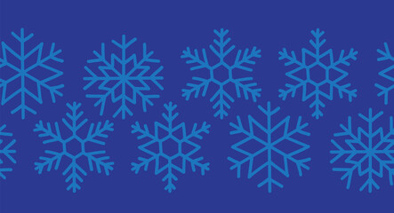 Fototapeta na wymiar Snowflakes blue seamless vector border. Repeating horizontal pattern Christmas Wintertime Hanukkah background. Illustration Winter elements symbol for holiday card, footer, holidays decor, fabric trim