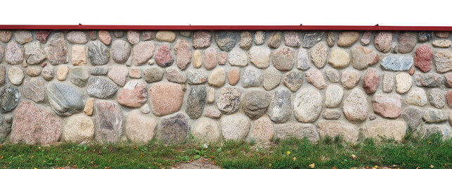 Long new church wall from granite stones and concrete  isolated