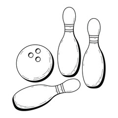 Abstract Hand Drawn Pin And Bowling Ball Doodle Concept Vector Design Outline Style On White Background Isolated For Game, Relax, Play