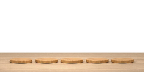 3D rendering of five round wooden placemats as a podium for food or drink, front view with wooden table on white background