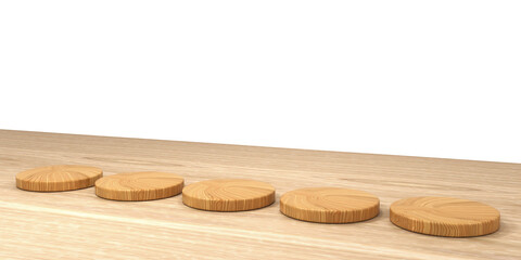 3D rendering of five round wooden placemats as a podium for food or drink with wooden table on white background